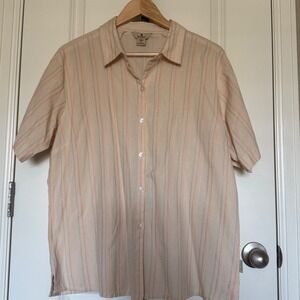 Woolrich Womens XL Beige Striped Cotton Short Sleeve Button Up Shirt Orange